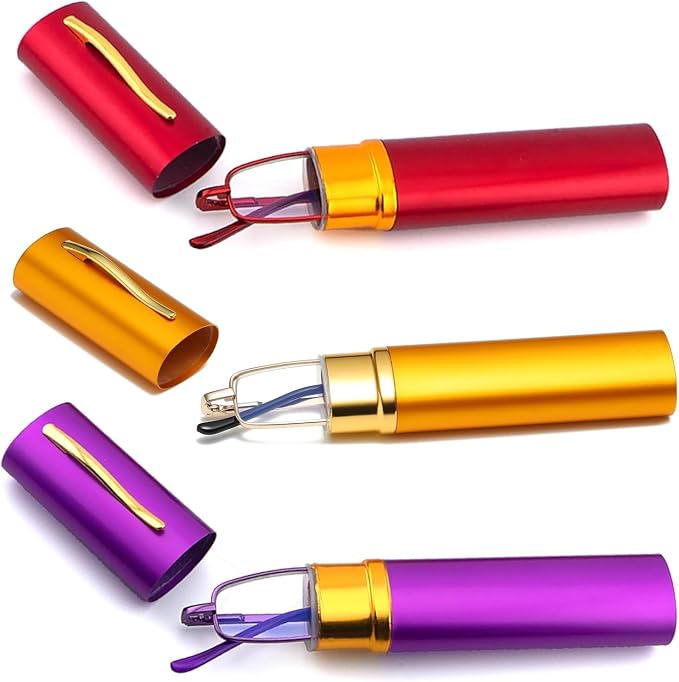 Viseng Slim Mini Metal Reading Glasses Compact Lightweight Portable Readers with Glasses Case for Reading Case +3.5 Purple+gold+red