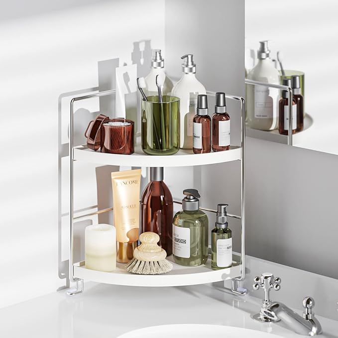2-Tier Bathroom Corner Counter Organizer, Makeup Storage Shelf Vanity Tray, Bathroom Sink Countertop Organizer, Silver