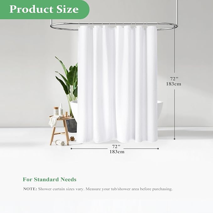Dynamene White Fabric Shower Curtain, Waffle Weave Heavy Duty Thick Fabric Shower Curtains for Bathroom, 256GSM Weighted Hotel Luxury Cloth Shower Curtain Set with 12 Plastic Hooks, 72Wx72H, White