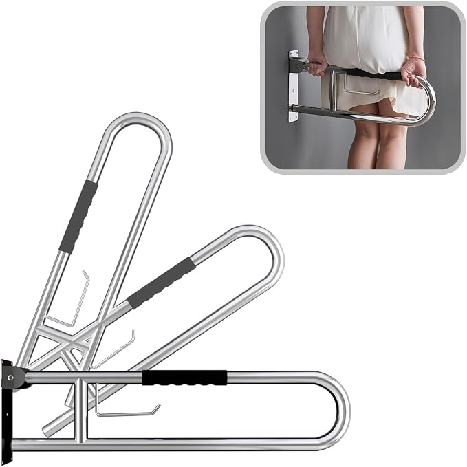 Toilet Grab Bar 31 Inch, BVTOURA Flip-Up Safety Rail with Soft Silicone Anti-Slip Finger-Grip Handle and Paper Holder, Stainless Steel U-Shaped Support Bar for Elderly Disabled, Brushed Nickel