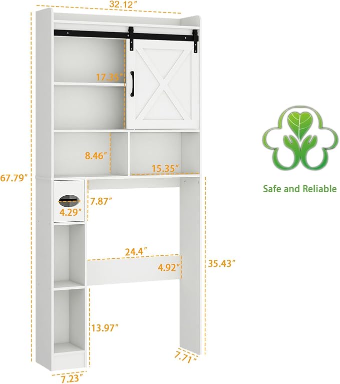 Over The Toilet Storage Cabinet, Farmhouse Storage Cabinet Over Toilet with Sliding Barn Door & Toilet Paper Holder Stand，Home Space-Saving Toilet Rack, for Bathroom, Restroom, Laundry