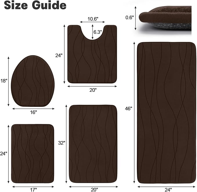 YIHOUSE Memory Foam Bathroom Rug Sets, Brown, 5 Piece | Ultra Soft, Absorbent, Non-Slip, Machine Washable