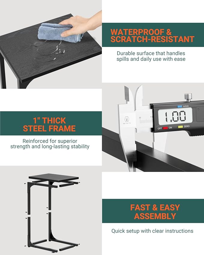 C-Shaped Side Table for Couch - Small Coffee Stand Sofa Tray Desk with Metal Frame and Waterproof Scratch Resistant, Modern End Accent for Living Room, Bedroom, Small Spaces, Black