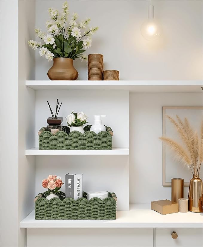 CubesLand Toilet Paper Storage Basket, Scalloped Edge Shelves Basket for Organizing for Over Toilet Tank Storage, Home Decor Baskets for Shelf, Countertop, Living Room, Bedroom, Handwoven, Green