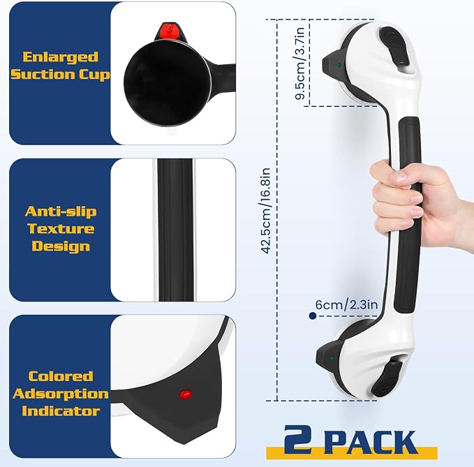 KVANT Shower Grab Bars for Seniors, 16.5 Inch Shower Handle (Black White) | Safety Signal Indicators, Strong Suction Cup, Easy Installation, No Drill, Removable, Anti-Slip, Waterproof