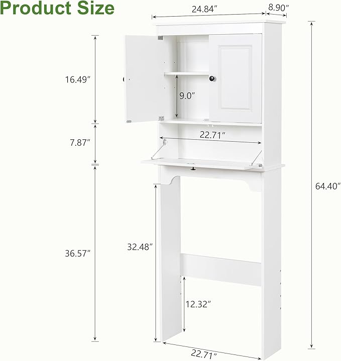 Over The Toilet Storage Cabinet, White | Over Toilet Bathroom Organizer, Freestanding Bathroom Cabinet Over Toilet with Double Doors and Adjustable Shelf