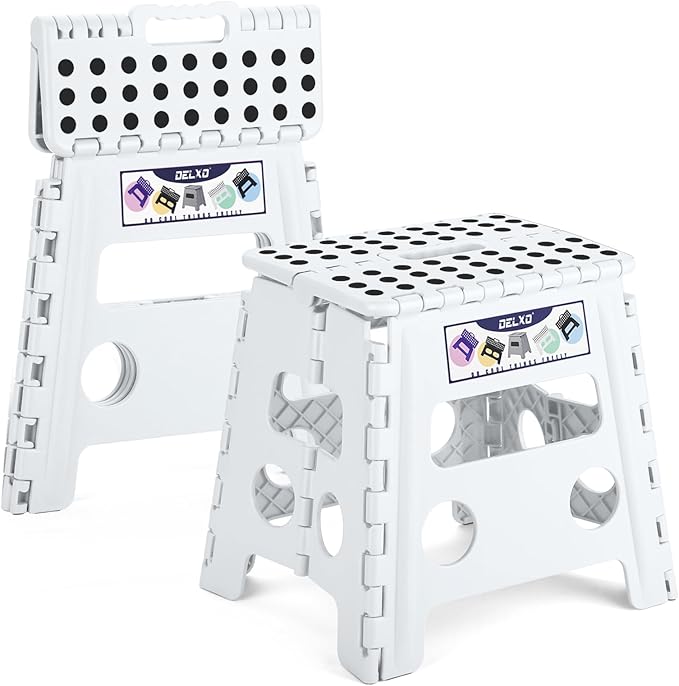 Delxo 13 inch 2 Pack Folding Step Stool, Non-Slip Foldable Stools Up to 300 LBS, Step Stool with Handle, Lightweight Collapsible stools for Kitchen, Bathroom, Bedroom, Garden (White)