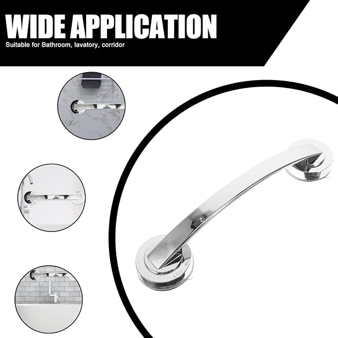 12 Inch Suction Cup Shower Handle Grab Bars for Bathtubs Showers Bathroom Safety Armrest for Seniors Children Elderly No Drilling Required Silver