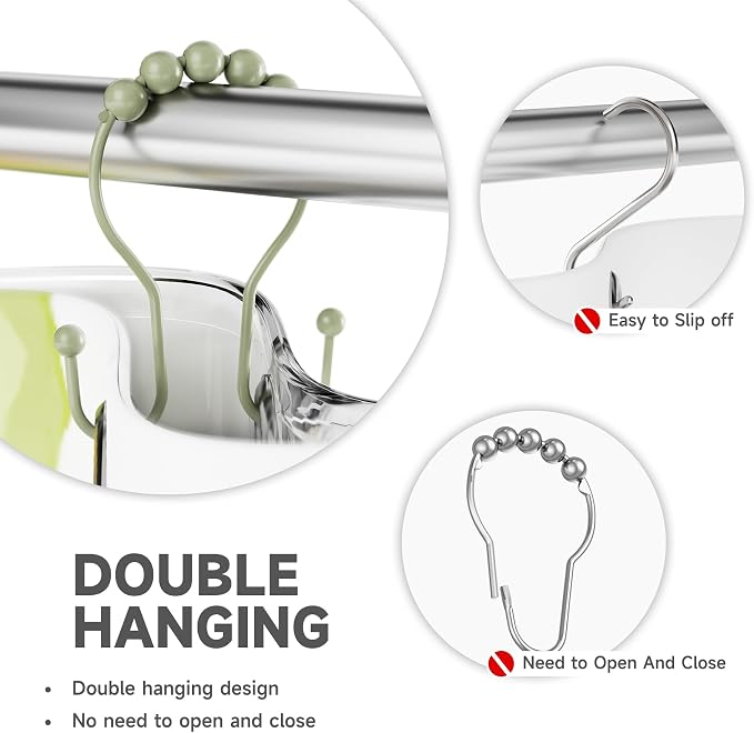 Bathway Sage Green Shower Curtain Hooks Shower Curtain Rings Rust Proof Sturdy Metal Double Shower Curtain Hooks, Shower Hooks for Shower Curtain Bathroom Shower Rod Hooks Hangers
