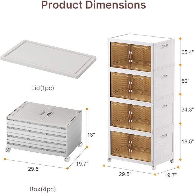 UAMFURI Stackable Storage Bins with Lids, 720QT Closet Organizers and Storage with Doors and Wheels, Extra Large Storage Cabinet, Collapsible Plastic Drawers for Bedroom Dorm Office Garage