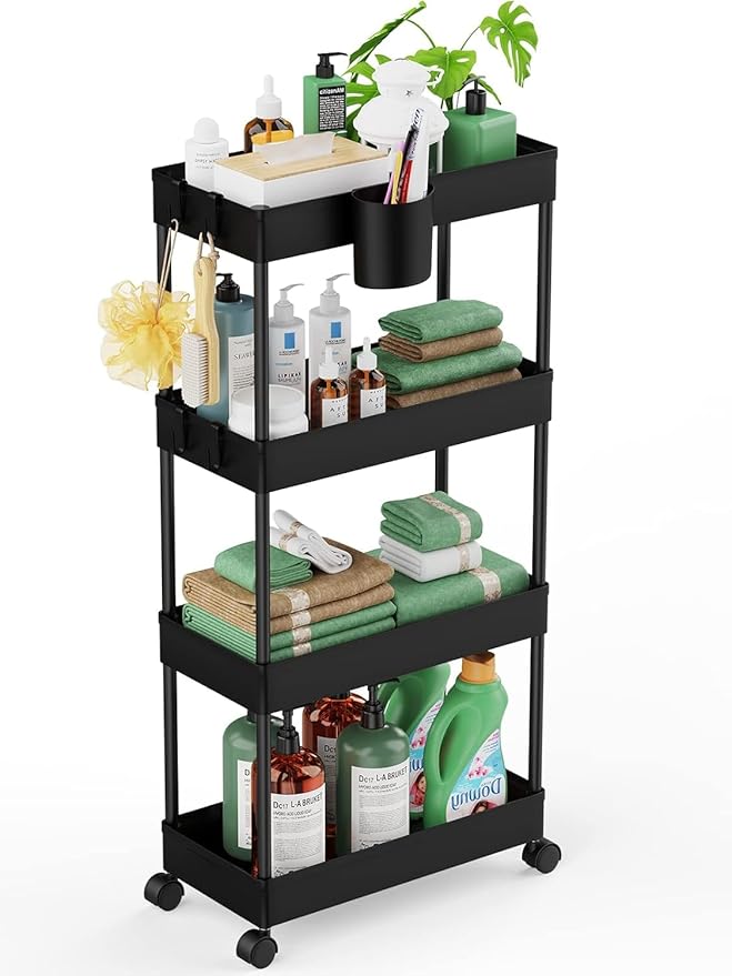 LEHOM Slim Rolling Storage Cart - 4 Tiers Bathroom Organizer Utility Cart Slide Out Storage Shelves Mobile Shelving Unit for Kitchen, Bedroom, Office, Laundry Room, Small Narrow Spaces（7.1" W+Black）
