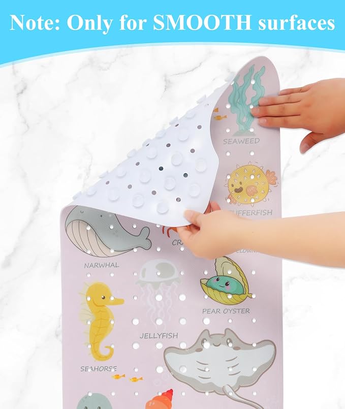 Secopad Bath Mat for Tub Non Slip, Machine Washable Anti-Slip Cartoon Baby Bathtub Shower Mat with Drain Holes and Suction Cups for Toddler & Kids, 40 Inch x 16 Inch, Pink Sea Animals