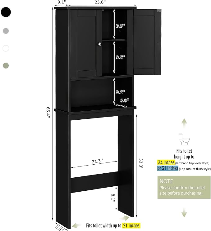 Over the Toilet Storage Cabinet for Bathroom, Black Bathroom Over Toilet Cabinet Freestanding Storage Organizer, Space Saver with Doors and Adjustable Shelf, Black