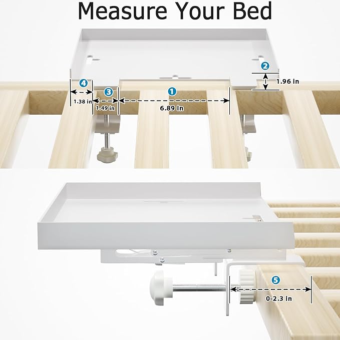 Foldable Bedside Shelf, Metal Clip-On Bed Tray Table for Bunk Bed & Dorm Beds, Dorm Room Essentials Organizer for College Students, Floating Tray, Space Saving Nightstand for Loft Beds (White, Small)