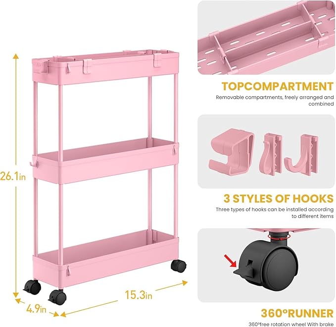 SPACELEAD 2-piece Set Slim Storage Cart 3 Tier,Bathroom Organizer Rolling Utility,Mobile Shelving Unit Slide Out for Office, Kitchen, Laundry Room & Narrow Places