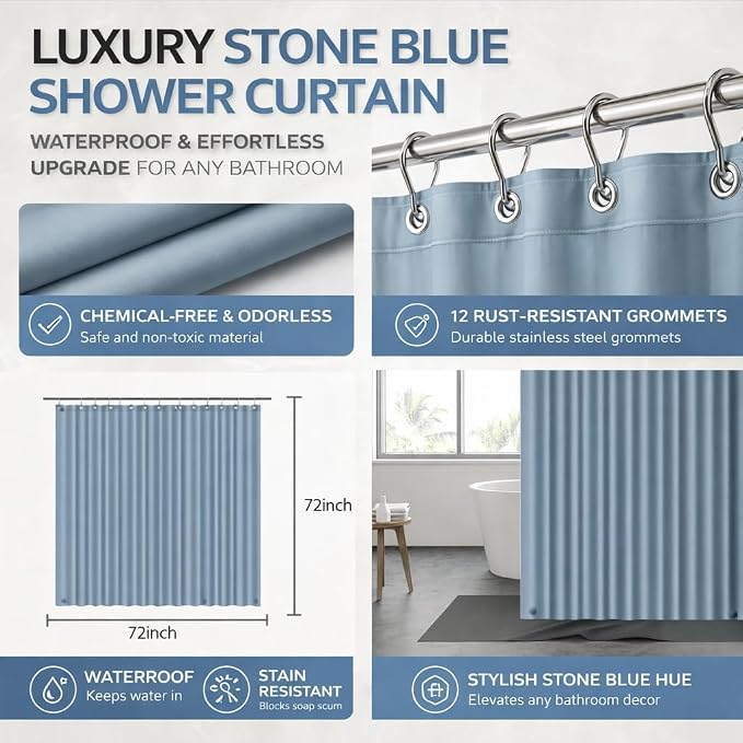 EHZNZIE Stone Blue Shower Curtain Liner 72x72, PEVA Waterproof Bath Curtain, No Chemical Smell, 3 Weighted Magnets, Durable with Rustproof Metal Grommets