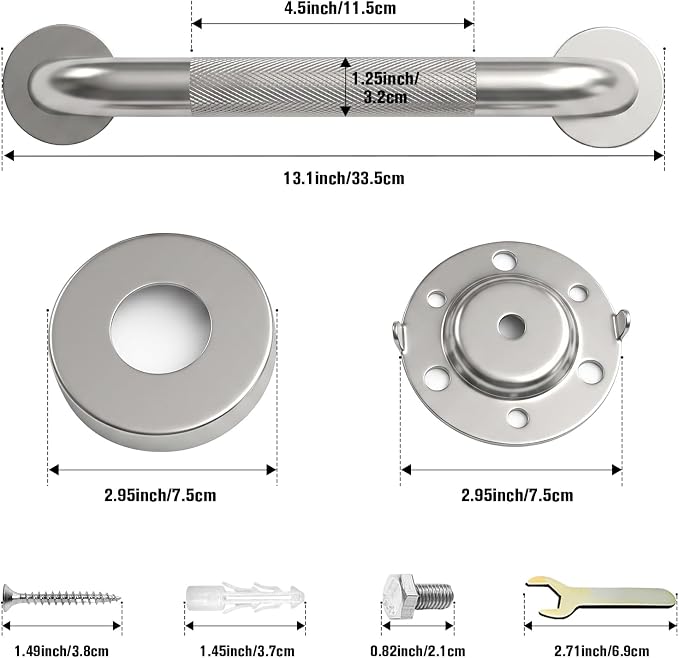 12 Inch Shower Grab Bar for Seniors,1.25'' Diameter 304 Stainless Steel Heavy Duty Anti-Slip Bathroom Safety Handicap Grab Bar for Shower, Bathtub & Toilet Support, Wall Mounted, Supports 500lbs