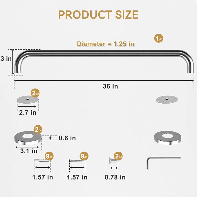 AmazerBath Grab Bar for Bathtubs and Showers - Anti Slip, 36" L x 1.25" D, Stainless Steel, Senior and Handicap Accessible, Holds 500LBS