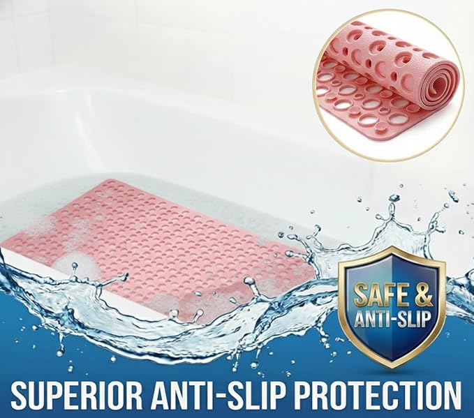 Nonslip Bathtub Mat Extra Soft TPE Bath Mat for Kids, Machine Washable Bathroom Shower Mat, Smooth/Non-Textured Tubs Only, 30L x 17W Inch (Pink)