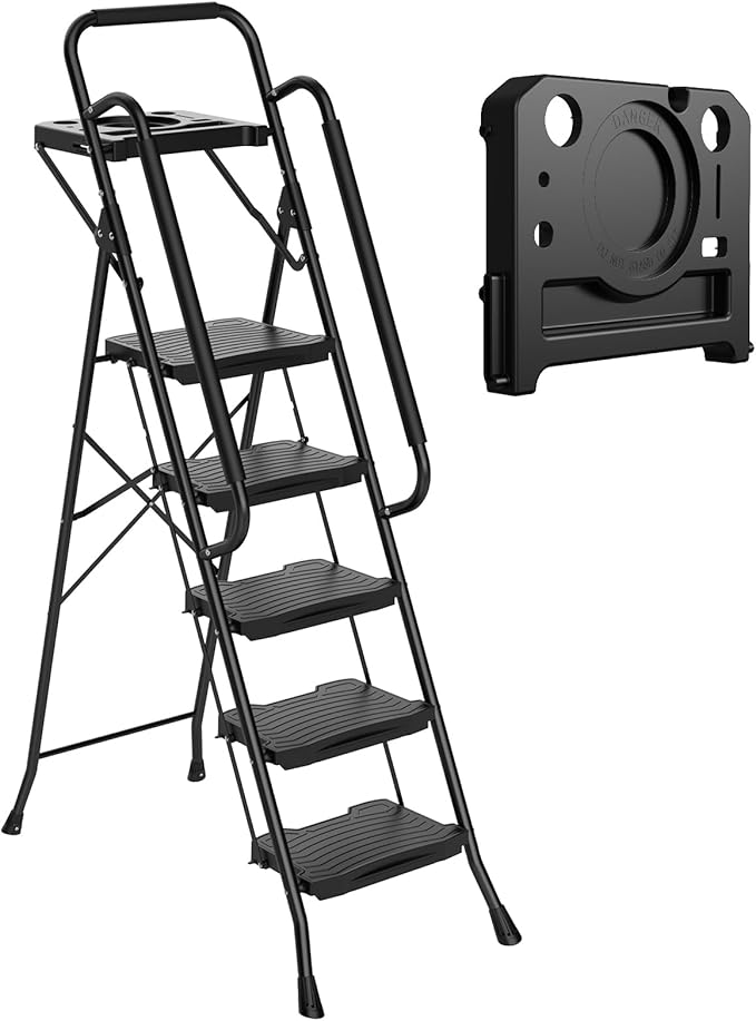 Sweetcrispy 5 Step Ladder, 800lbs Folding Step Stool with Wide Anti-Slip Pedal, Tool Tray Sturdy Ladder, Convenient Handrail, Lightweight, Portable Stepping Stool, Black