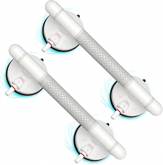 Suction Grab Bars for Showers and Bathtubs, Visible Red-Line Suction Indicator, Vacuum Pump Lock, Supports Up to 264 lbs, Non-Slip Grip, No-Drill & Removable, Ideal for Seniors, 14.37''/2-Pack