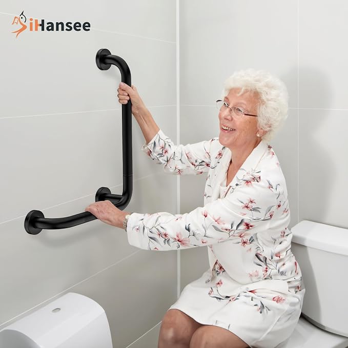 L-Shaped Angled Grab Bar 12x16 Inch Matte Black Anti-Slip Knurled Shower Handles Wall Mount, Stainless Steel Shower Bars for Seniors Injured Balance Support, Handicap Grab Bars for Bathtubs & Showers