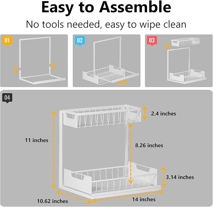 Ceetug Under Kitchen Sink Organizers and Storage Pull Out 2 Tier Metal Bathroom Cabinet Organizer (White, 1 Pack)