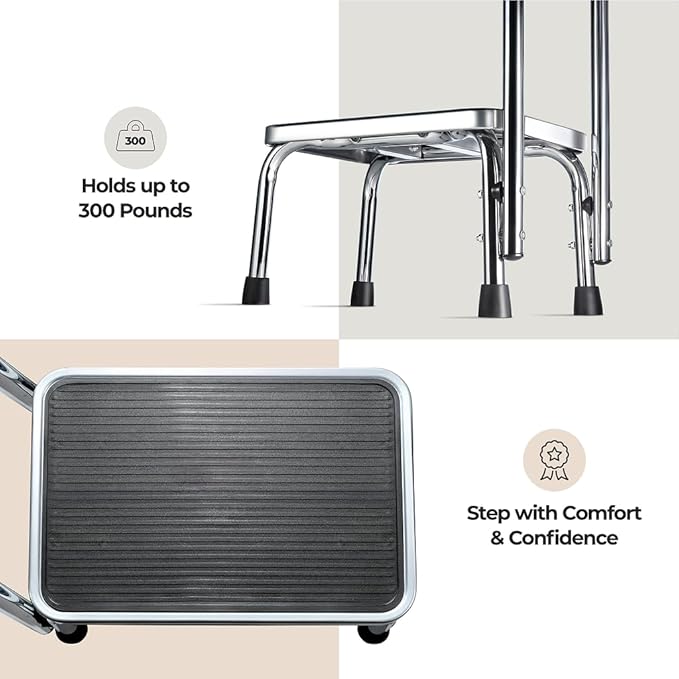 Step Stool with Handle for Adults Step stools with Handle for Elderly for Bed Chrome-Plated Steel Frame 330Lbs Capacity Use At Home Bathroom Kitchen