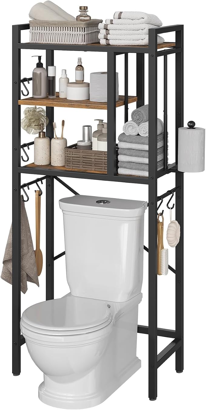 YATINEY Over The Toilet Storage Cabinet, 3-Tier Over The Toilet Storage Rack, Bathroom Organizer with Paper Holder 8 Hooks, Over The Toilet Shelf for Bathroom, Laundry, Rustic Brown and Black TR06BR