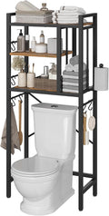 YATINEY Over The Toilet Storage Cabinet, 3-Tier Over The Toilet Storage Rack, Bathroom Organizer with Paper Holder 8 Hooks, Over The Toilet Shelf for Bathroom, Laundry, Rustic Brown and Black TR06BR