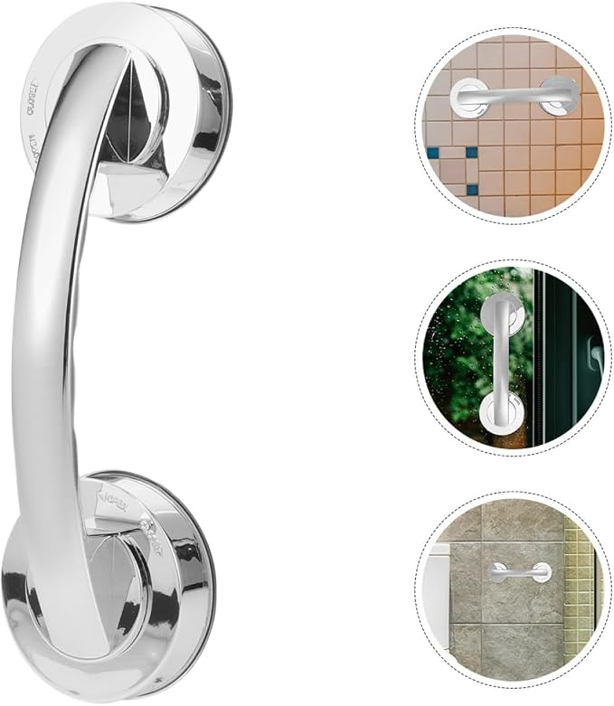 SHOWERORO 2pcs Silver Suction Cup Grab Bars for Bathroom Safety – Adhesive Stainless Steel Handles with Strong Hold, No Drilling Required, Removable Suction Handles for Shower and Glass