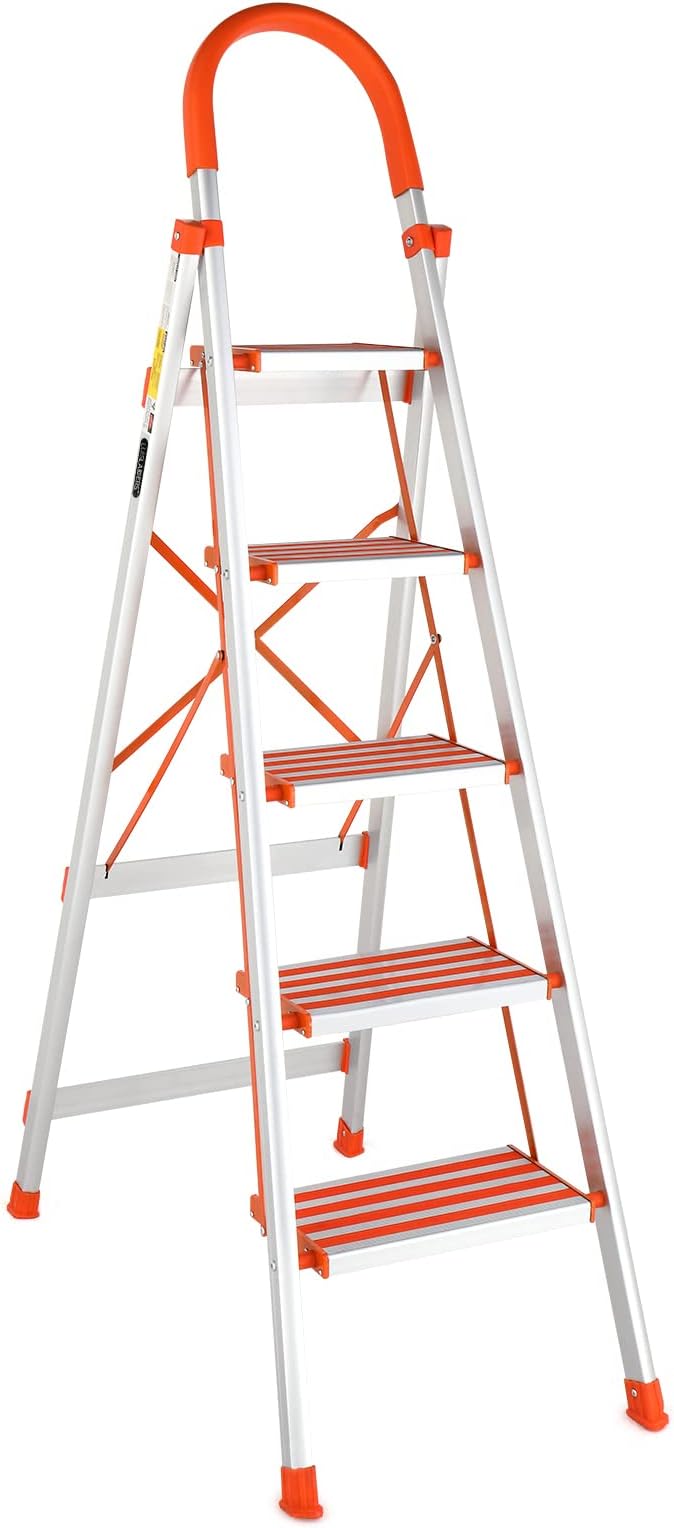 LUISLADDERS Step Ladder 5 Step Lightweight Folding Step Ladder Aluminum Step Stool with Widened Anti-Slip Strip Pedal Convenient Handgrip 350lbs EN131, Multi-use for Household and Office