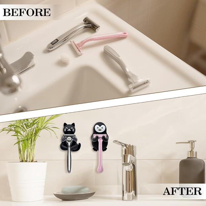 Cute Cat and Penguin Waterproof Self-Adhesive Shower Hook Set, Black Cat and Penguin Razor Holder Bathroom Accessories for Men Women Animal Lover, Animal Lover Bathroom Decor Gifts for Women Men