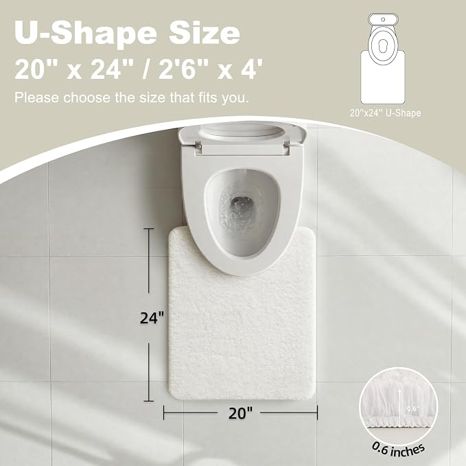 TYUU Toilet Rug, Ultra Soft Toilet Rugs U Shaped Machine Washable Non Slip Absorbent Quick Dry Toilet Mat with Rubber Backing, White 20" x 24" U Shape
