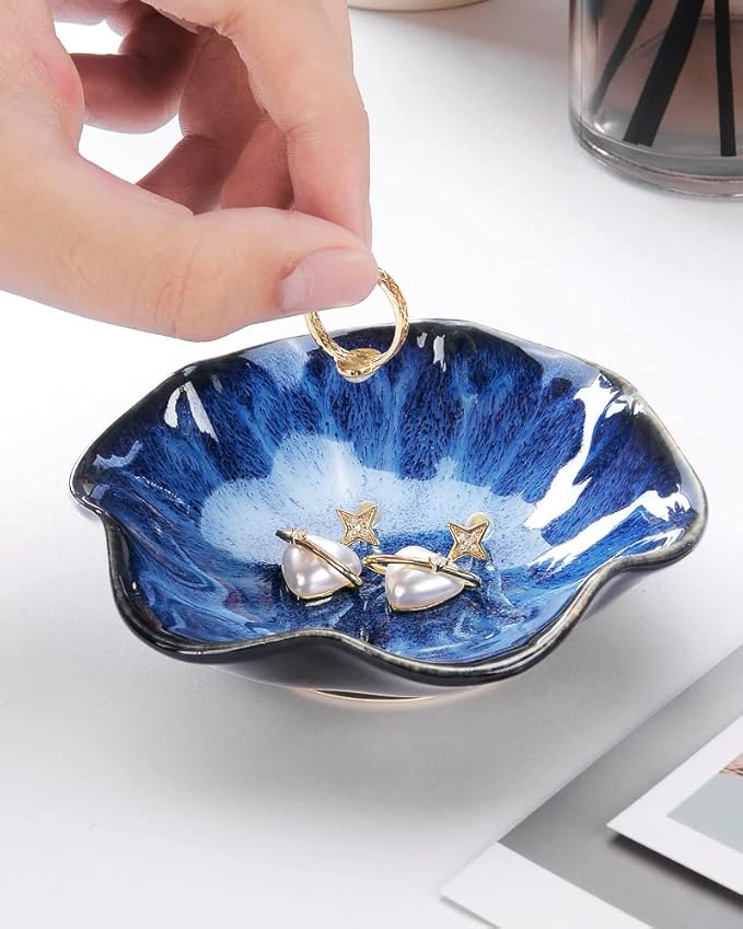 JAMEND CLXP 2PCS Lotus Leaf Shape Ring Holder Dish, Small Key Bowl, Ceramic Trinket Tray Jewelry Dish Organizing Necklace Earrings for Mom Friend Sister, All Jewelries Are NOT Included. Blue+Pink.…
