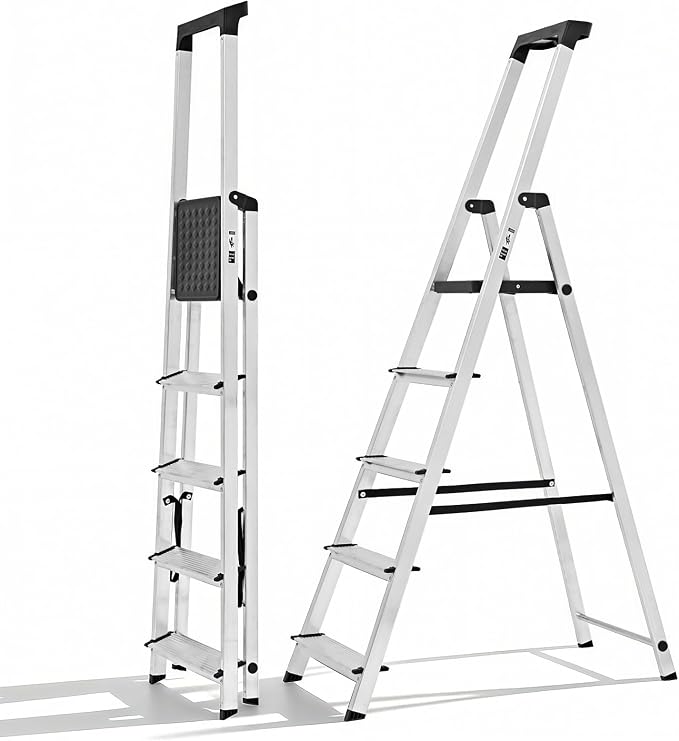 Sweetcrispy 5 Step Ladder, 330lbs Folding Step Stool with Anti-Slip Wide Pedal,Tool Tray, Aluminum Stool Ladders, Safety Household Ladder for Home Kitchen Courtyard Outdoor
