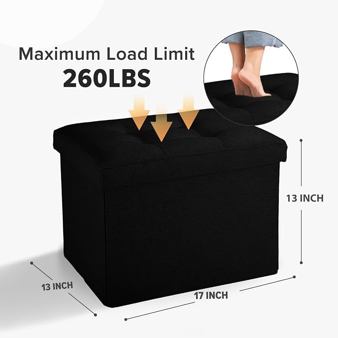 LINMAGCO Small Storage Ottoman Stool Foot Rest Stool Under Desk Stool Short Folding Ottoman Linen Cloth Black 17X13X13IN