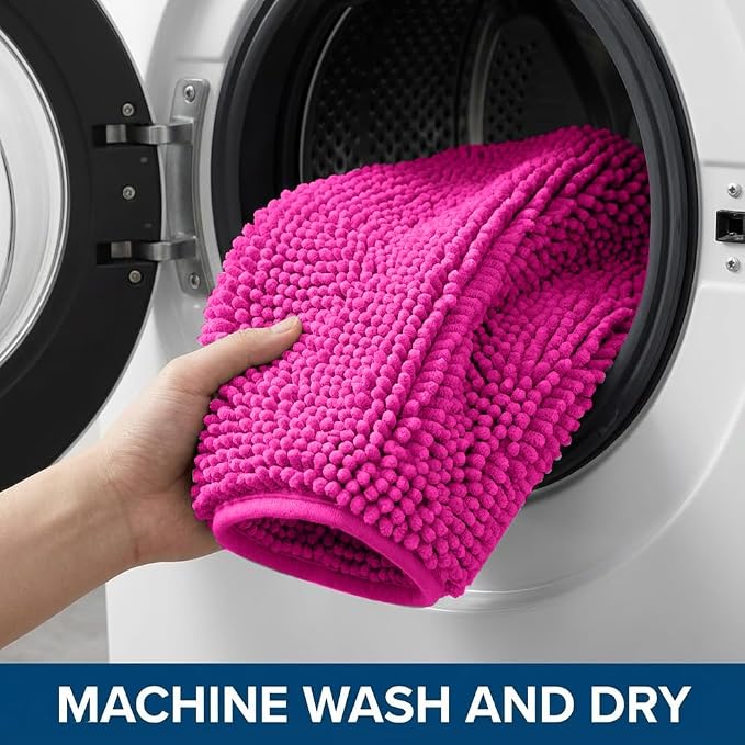 Bathroom Rugs Sets 2 Piece,Super Absorbent Chenille Bath Mats and U-Shaped Toilet Rug,Strong PVC Non Slip Backing,Microfiber Washable Dry Quickly Bath Mats for Bathroom(20"x32"+20"x20"U,Hot Pink)