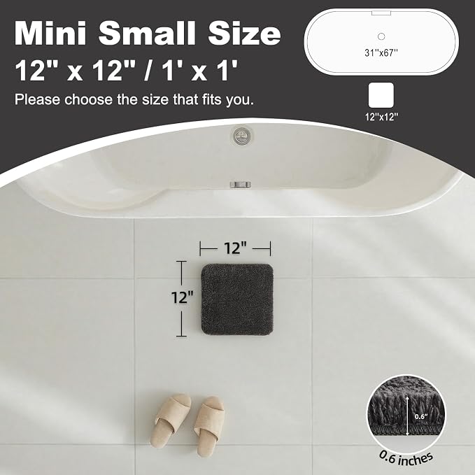 TYUU Small Bath Mat, Ultra Soft Bathroom Rugs Non Slip Washable, Super Absorbent Quick Dry Bath Rug with Rubber Backing for Bathroom Floor, Shower, or Sink, Dark Grey 12" x 12"