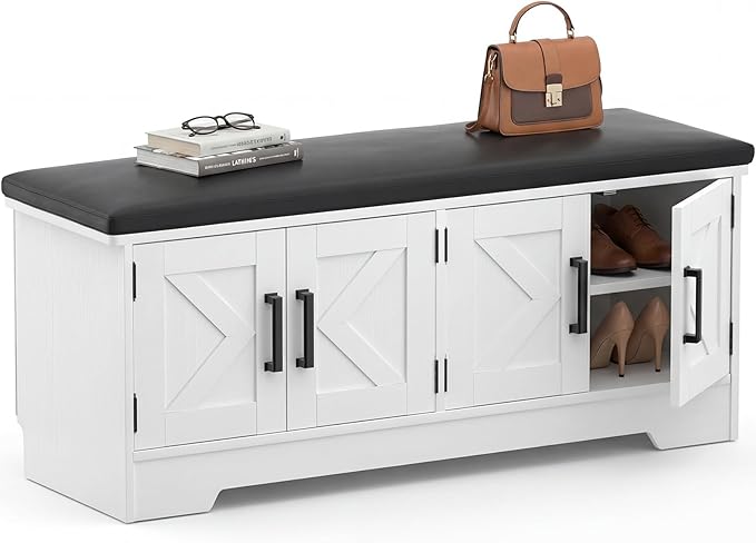 Farmhouse Shoe Storage Bench with Cushion - 43.3" Entryway Bench with Storage & 4 Barn Doors, 2-Tier Wooden Shoe Rack Bench, Hidden Shoe Cabinet & Mudroom Bench for Bedroom Hallway Living Room, White