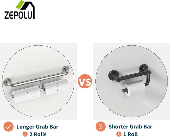 Brushed Nickel Double Toilet Paper Holder w/Safety Bar 24 inch, Zepolu 2-in-1 Assist Bar Balanced Support Handle, Stainless Steel Wall Mounted Bathroom Toilet Grab Bar for Senior Elderly Handicap