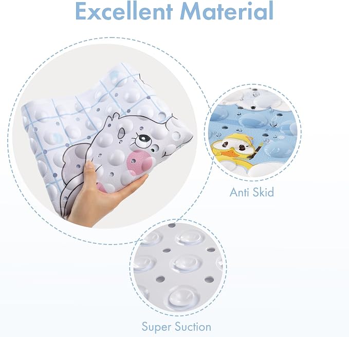 AmazerBath Baby Bath Mat Non Slip, Cartoon Kids Bath Mat for Tub 40 x 16 Inches Full Size, Non Slip Bathtub Mat with Suction Cups and Drain Holes, Shower Stall Mats - Elephant