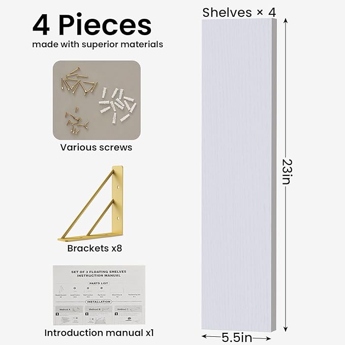 BAYKA Wall Shelves for Bedroom Decor, Floating Wall Shelf for Living Room Kitchen Storage, Mounted Rustic Wood Shelves for Kids Books, Corner Shelf for Bathroom(White and Gold，23in，Set of 4)