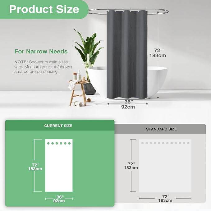 Dynamene Stall Fabric Shower Curtain - 36x72 Waffle Weave Weighted Cloth Shower Curtains for Bathroom, Neutral Heavy Duty Hotel Spa Luxury Bath Curtain Set with 6 Plastic Hooks,Charcoal Grey
