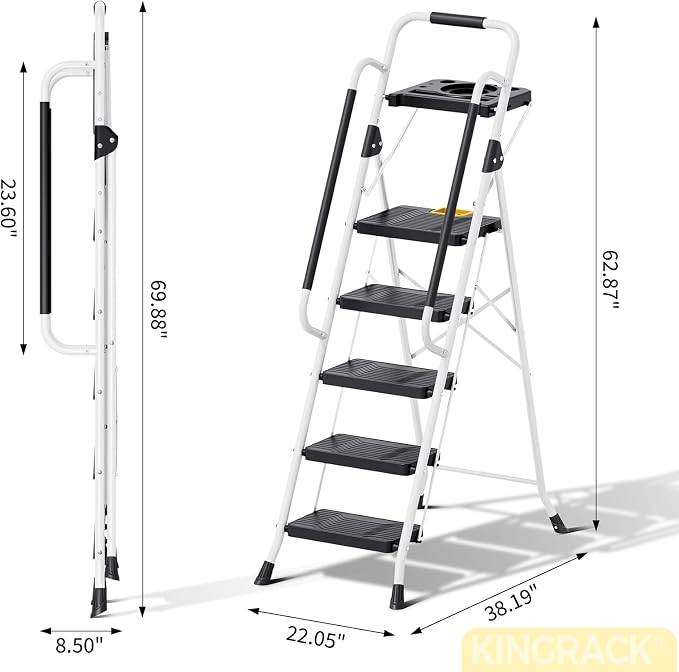 KINGRACK Folding 5-Step Ladder, 800 lbs Capacity Step Stool with Safety Lock, Tool Tray, Non-Skid Wide Steps, Handrail, Household Folding Ladder for Home, Garden, Painting, Outdoor, and Garage, White