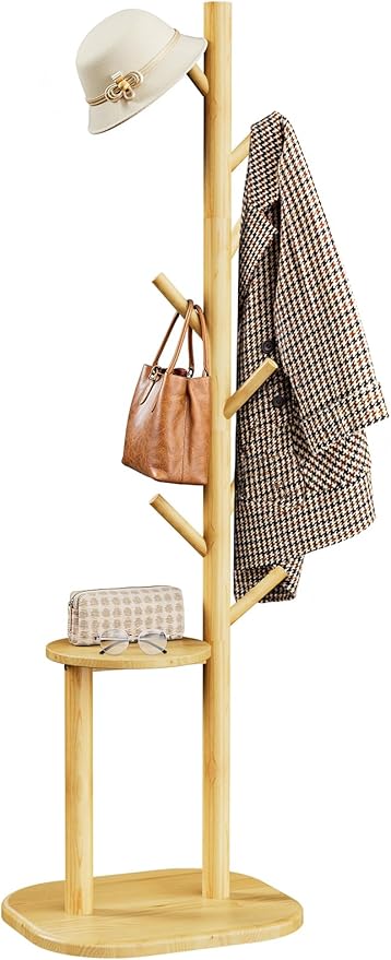 Pipishell Coat Rack, Freestanding Hall Tree with 8 Hooks & Storage Shelf, Solid Wood Base, 66.3″ Tall Coat Rack Stand for Coats, Hats, Bag in Entryway, Bedroom, Living Room, Wood, PIFCR11N
