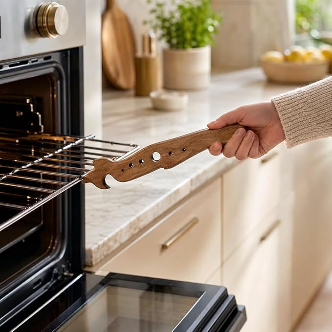 Oven Rack Puller and Pusher Tool, 3-in-1 Wooden Multi-Functional Kitchen Gadget with Herb Stripper & Bottle Opener, Pull Out Hot Racks Safely, for Toaster Ovens, Air Fryers, Baking
