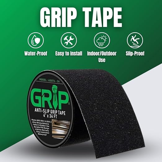 GRIP Anti Slip Tape - 80 Grit High Traction Non-Slip Tape for Stairs, Ramps, Floors, Indoor/Outdoor Use, Easy Cut & Apply, Durable for Heavy Traffic Areas (4" x 34')