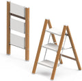 3 Step Ladder, Folding Aluminum Step Stool with Anti-Slip Wide Steps for Adults, Ideal for Kitchen, Closet, Bedroom, 330 lbs Capacity (Woodgrain) (Light Woodgrain, 3 Step)