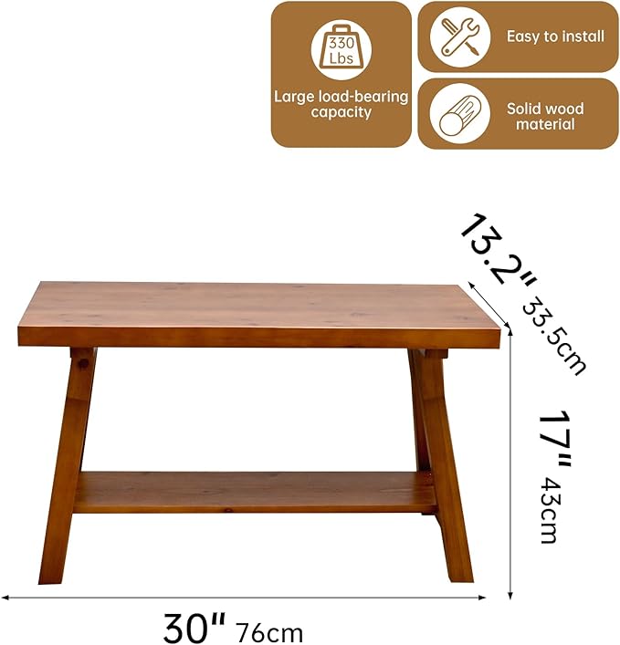 SwallowLiving 30 Inch Farmhouse Storage Bench, Rustic Solid Wood Entryway Bench for Living Room, Dining Room, Hallway | Indoor Seating with Natural Wood Finish